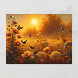 Sunset Meadow with Vibrant Flowers and Butterflies Postcard