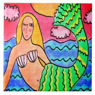Sunset Mermaid Abstract Digital Painting Ceramic Tile