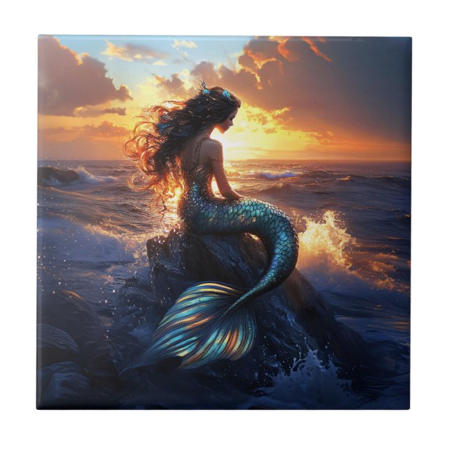 Sunset Mermaid Ceramic Tile (Front)