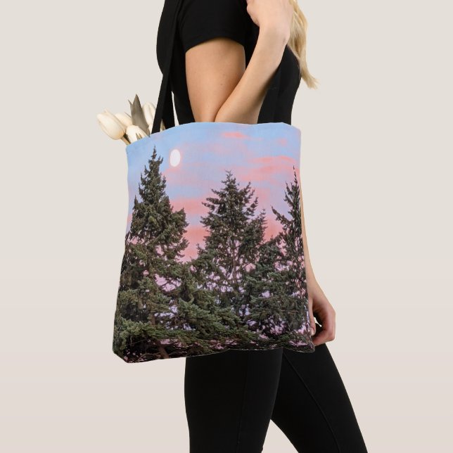 Sunset Moonrise with Pink Clouds Tote Bag (Close Up)