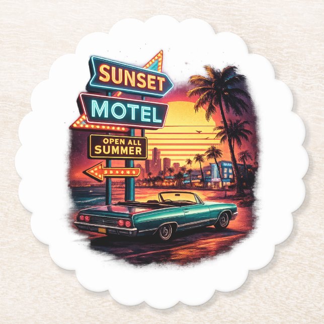 Sunset Motel Open All Night Retro Design Paper Coaster (Front)