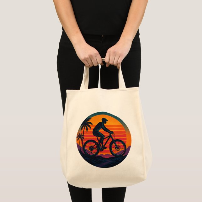 Sunset Mountain Biker Retro Adventure Art Tote Bag (Front (Product))