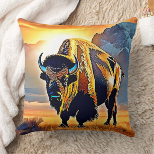 Sunset Mountain Bison Art Design Cushion