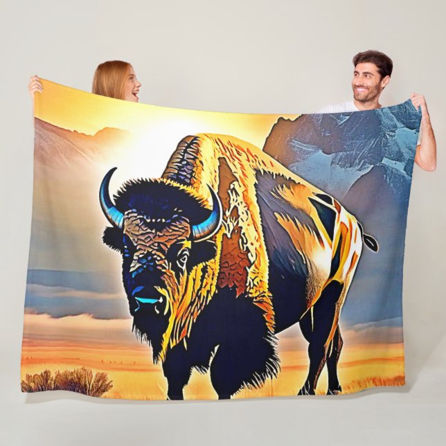 Sunset Mountain Bison Art Design Fleece Blanket (In Situ)
