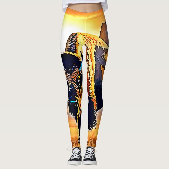 Sunset Mountain Bison Art Design Leggings (Front)