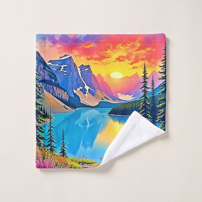 Sunset Mountain Lake Majesty Art Bath Towel Set (Wash Cloth)