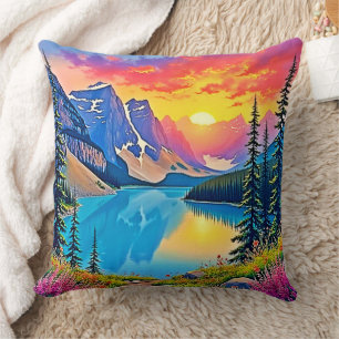 Sunset Mountain Lake Majesty Art Cushion