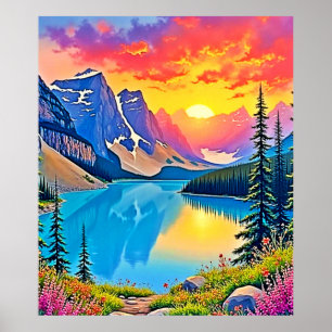 Sunset Mountain Lake Majesty Art Poster