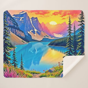 Sunset Mountain Lake Majesty Art Sherpa Blanket