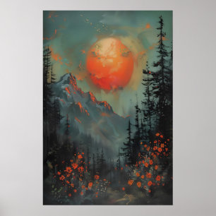Sunset Mountain Landscape Art Print, Botanical Poster