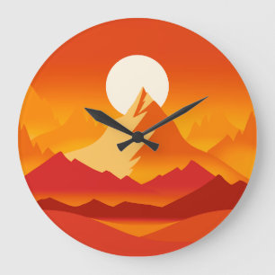 Sunset Mountain Peaks Landscape Illustration Large Clock