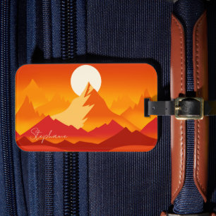 Sunset Mountain Peaks Landscape Illustration Luggage Tag