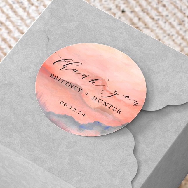 Sunset Mountain Thank You Wedding Classic Round Sticker (Creator Uploaded)
