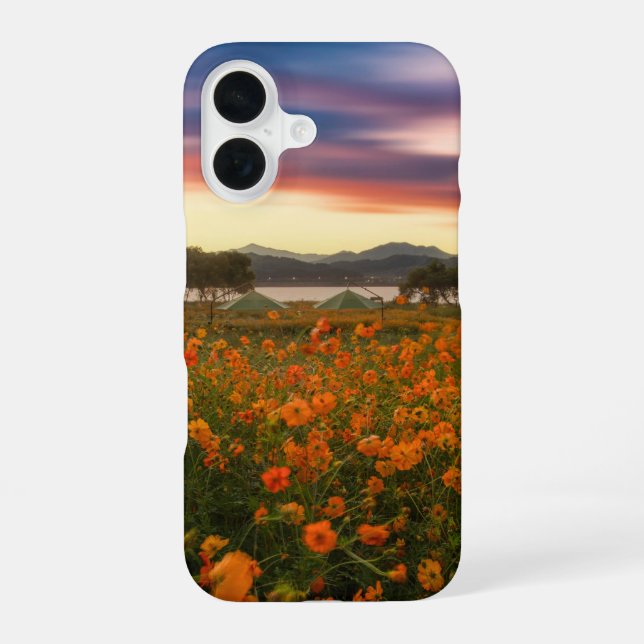 Sunset Mountains Orange Flowers iPhone 16 Case (Back)