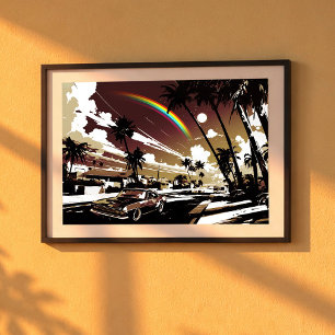 Sunset Muscle Car Hawaii Rainbow Retro Street Art Poster