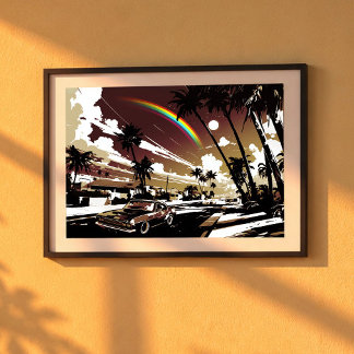 Sunset Muscle Car Hawaii Rainbow Retro Street Art Poster
