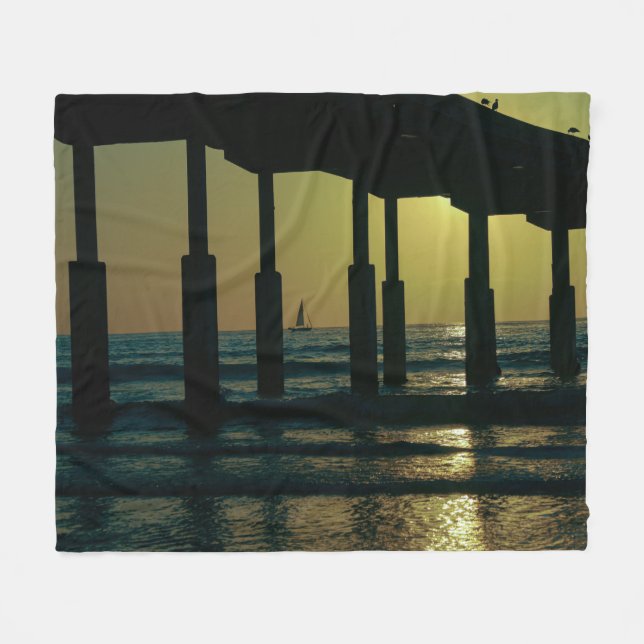 Sunset Ocean Beach Pier - Beach Sunset Fleece Blanket (Front (Horizontal))