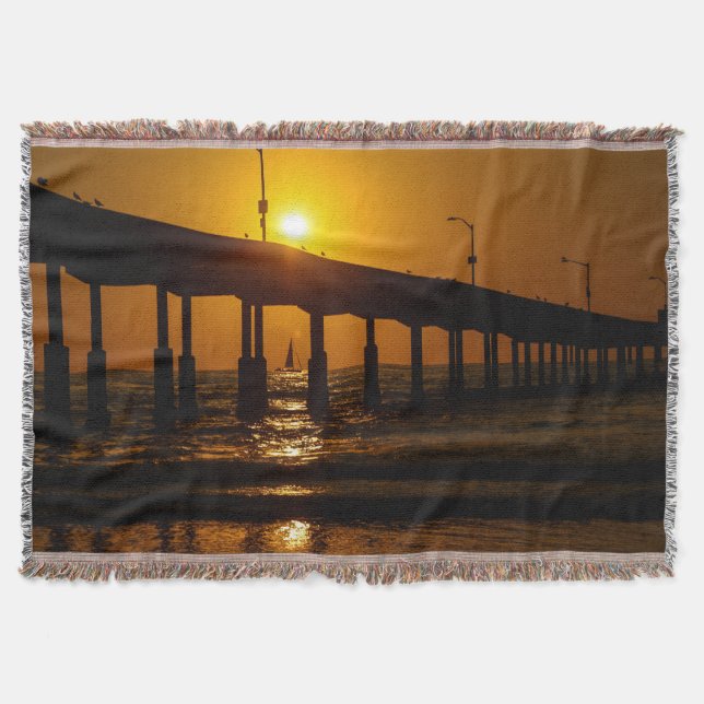 Sunset Ocean Beach Pier - Beach Sunset Throw Blanket (Front)