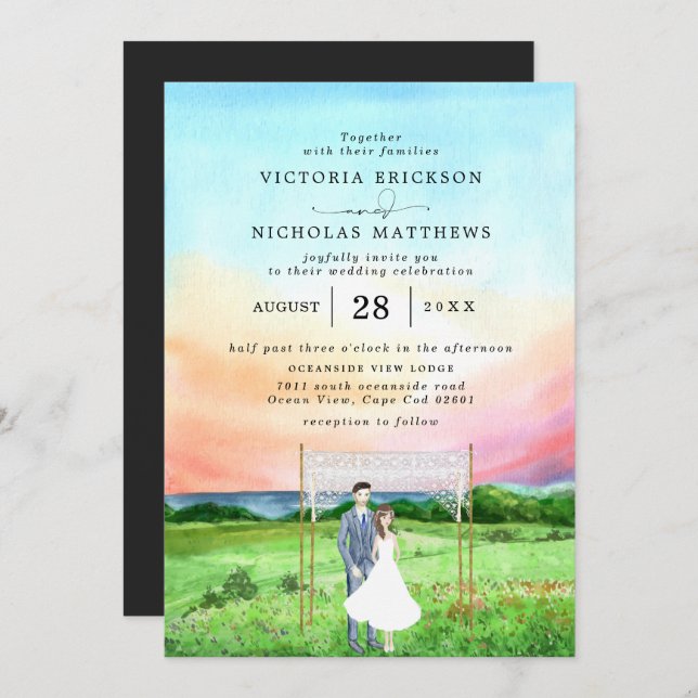Sunset Ocean | Elegant Watercolor Wedding Invitation (Front/Back)