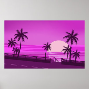 Sunset, ocean, evening, palm trees sea shore, poster