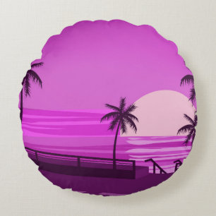 Sunset,  ocean,  evening,  palm trees sea shore,   round cushion