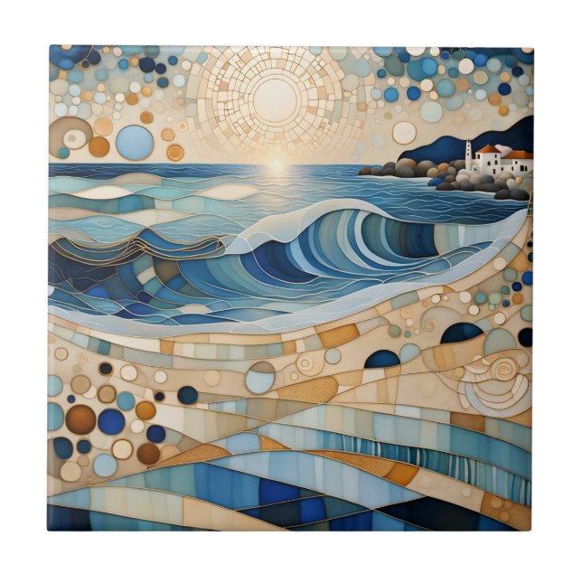 Sunset Ocean Geometric Modern Abstract Surreal Ceramic Tile (Front)