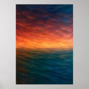Sunset Ocean Horizon Abstract in Orange and Teal Poster