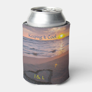 Sunset Ocean Sand Heart Initials "Keeping It Cool" Can Cooler