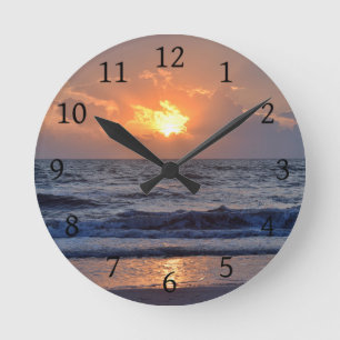 Sunset Ocean Sea Beach Orange Round Clock