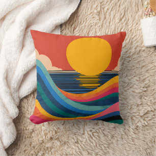 Sunset Ocean Waves Abstract Bauhaus Throw Pillow