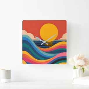 Sunset Ocean Waves Abstract Bauhaus Wall Clock