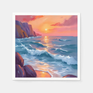 Sunset Ocean Waves Beach Watercolor Painting Napkin