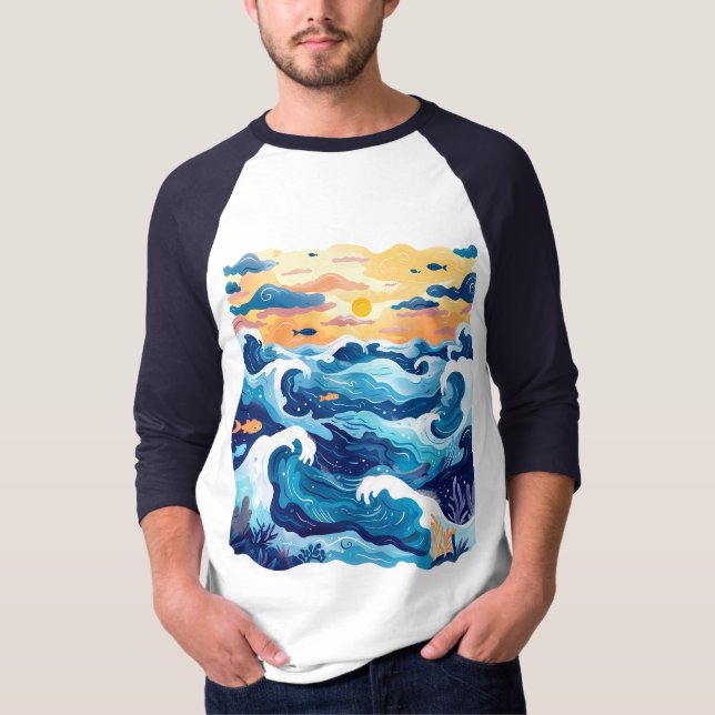 Sunset Ocean Waves T-Shirt – Artistic Sea and Sky  (Front)