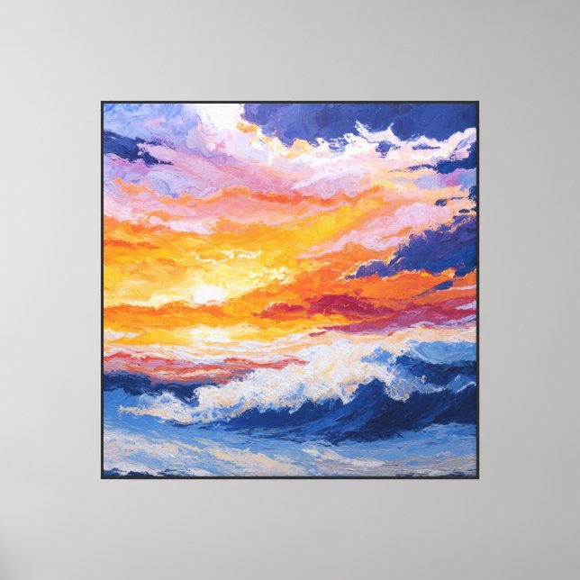 Sunset Ocean Waves with Fiery Sky Abstract Wall  Canvas Print (Front)