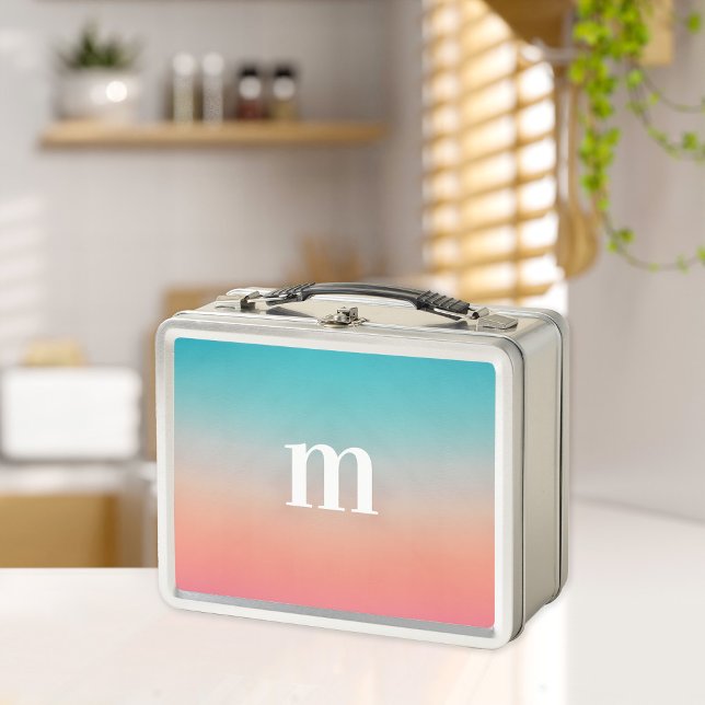 Sunset Ombre Turquoise to Pink Initial Metal Lunch Box (Creator Uploaded)