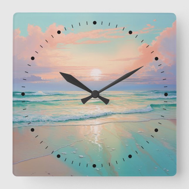 Sunset on a tranquil beach landscape square wall clock (Front)