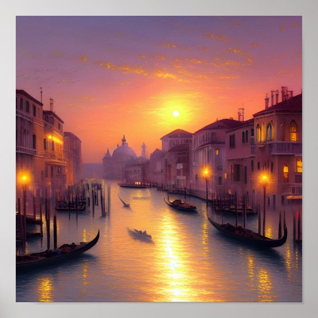 Sunset On A Venice Canal Digital Art Poster (Front)