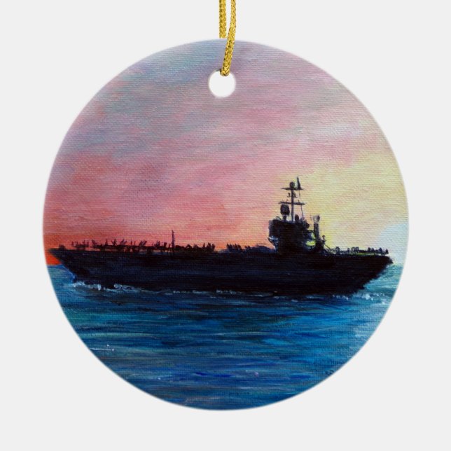 Sunset on an Aircraft Carrier Ceramic Ornament (Front)