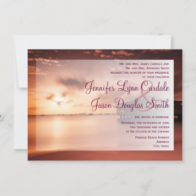 Sunset on Beach Harbour Purple Wedding Invitations (Front)