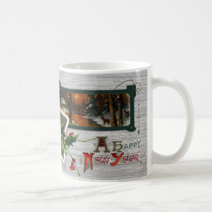 Sunset on Lake, Deer and Holly Vintage New Year Coffee Mug