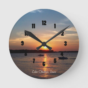 Sunset on Lake Okoboji, Iowa Round Clock
