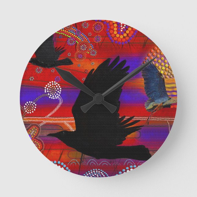 Sunset on Lake Wendouree Australian Aboriginal Art Round Clock (Front)
