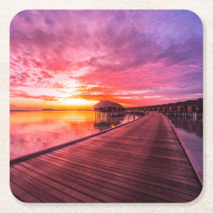 Sunset on Maldives Island Water Villas Resort Square Paper Coaster