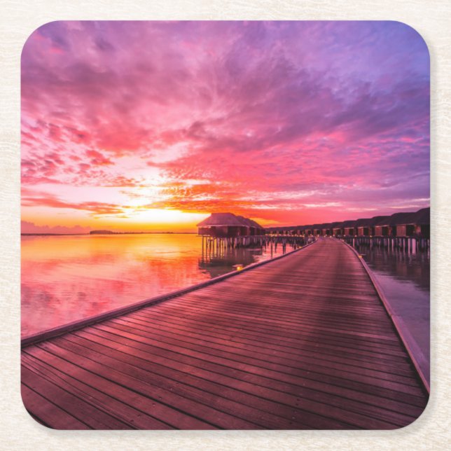 Sunset on Maldives Island | Water Villas Resort Square Paper Coaster (Front)