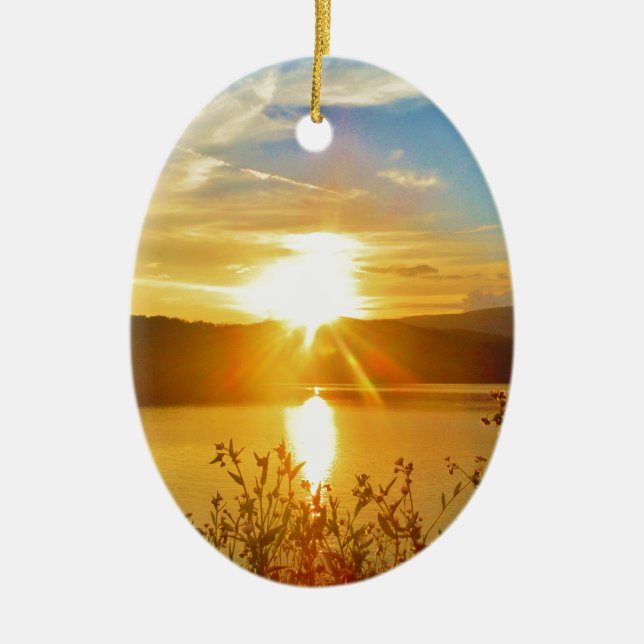 Sunset on mountain Lake Arrowhead Ceramic Tree Decoration (Front)