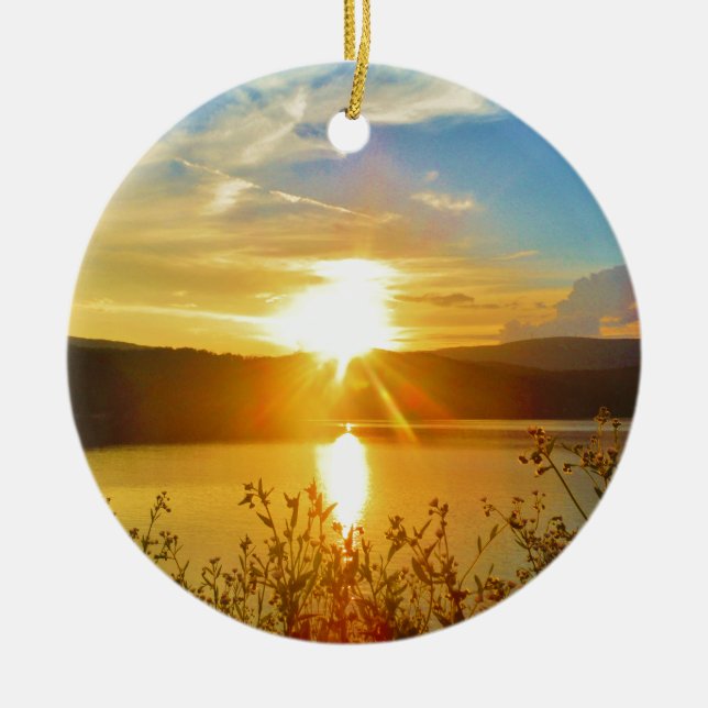 Sunset on mountain Lake Arrowhead Ceramic Tree Decoration (Front)
