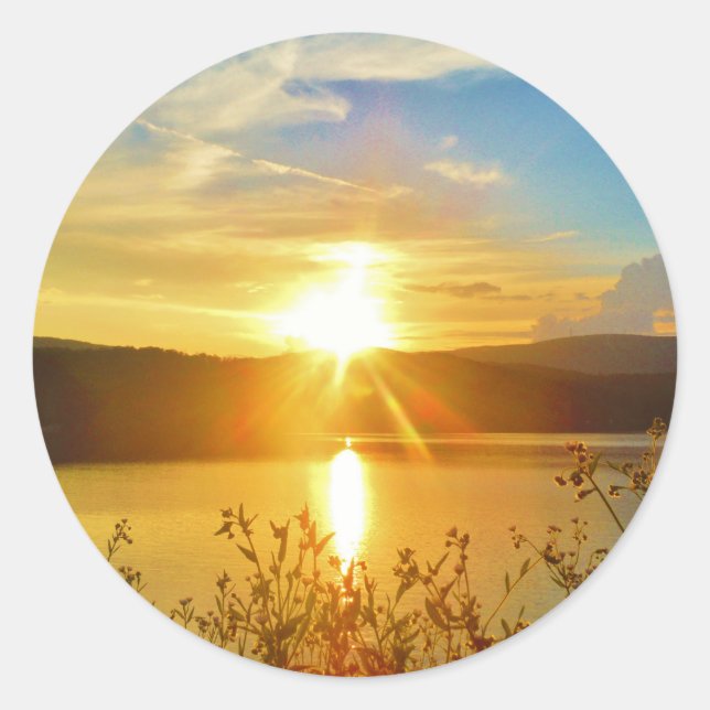 Sunset on mountain Lake Arrowhead Classic Round Sticker (Front)