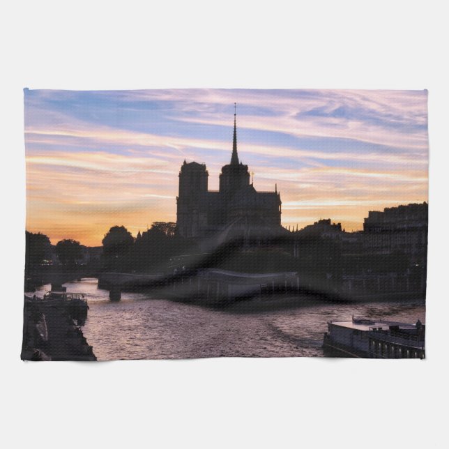 Sunset on Notre Dame de Paris - Paris, France Tea Towel (Horizontal)