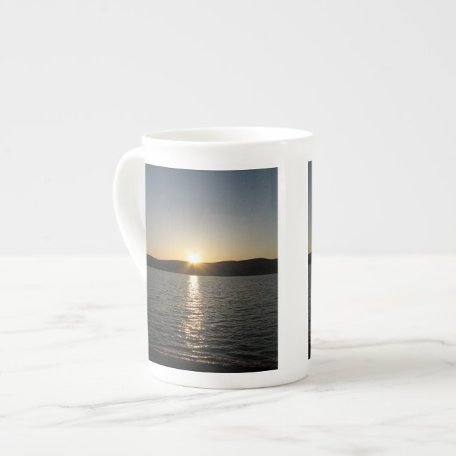 Sunset on Onota Lake: Vertical Bone China Mug (Front Left)
