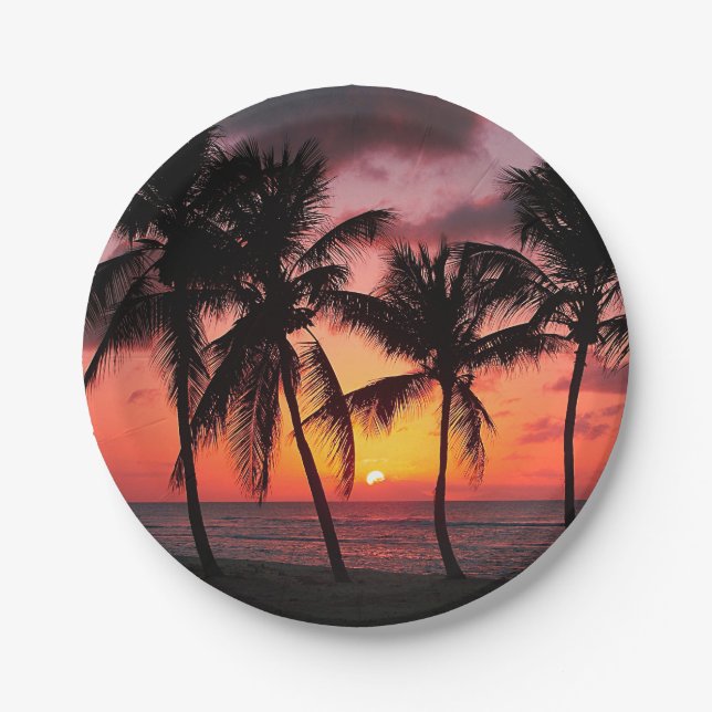 Sunset On Paradise Island Beach Paper Plate (Front)